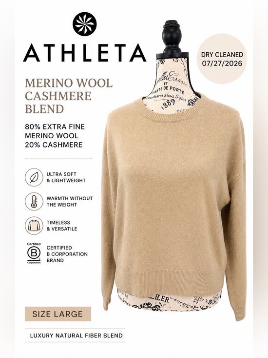 Athleta Sweaters - Athleta 80% Merino Wool 20% Cashmere Crewneck Sweater Tan Beige Size Large